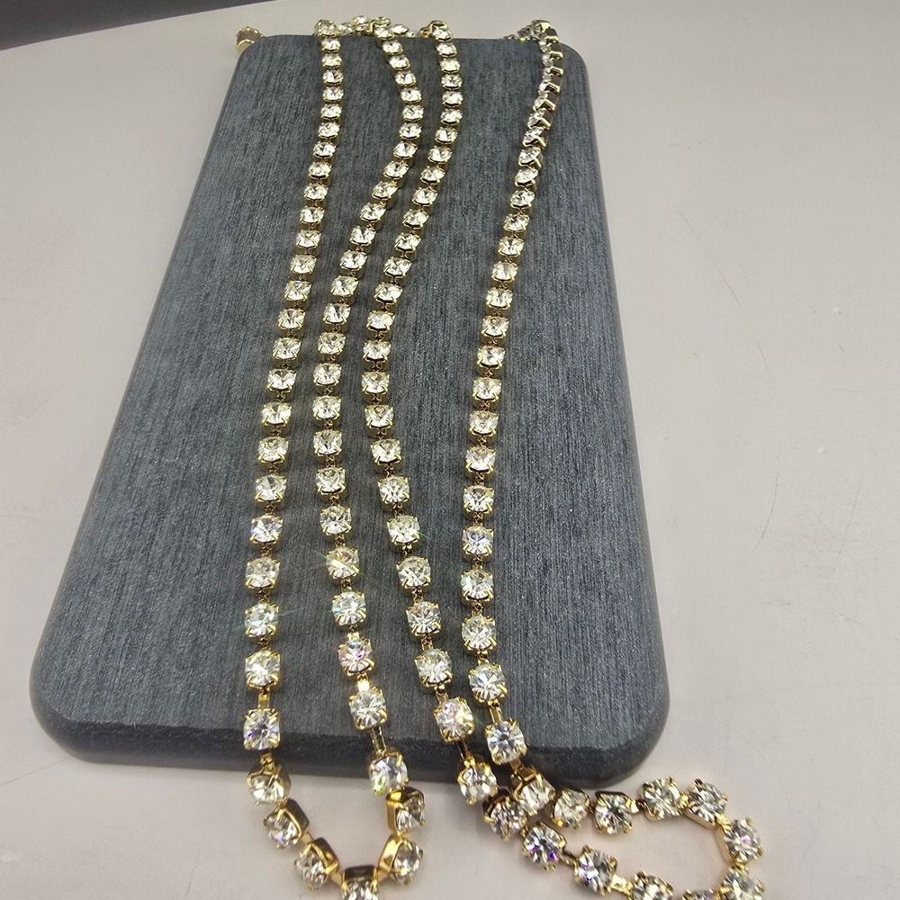Vintage Estate Tennis Necklace Gold Tone Rhinestone Crystal Choker 14.5 In